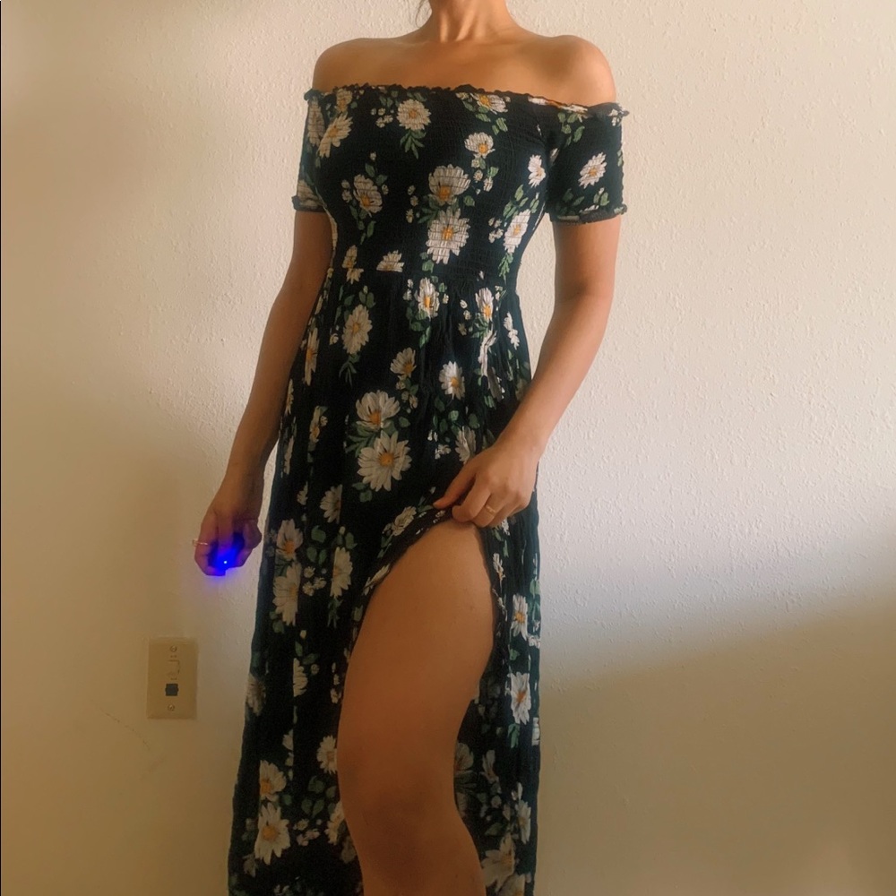 High Low Smocked Floral Printed Slit Maxi Dress